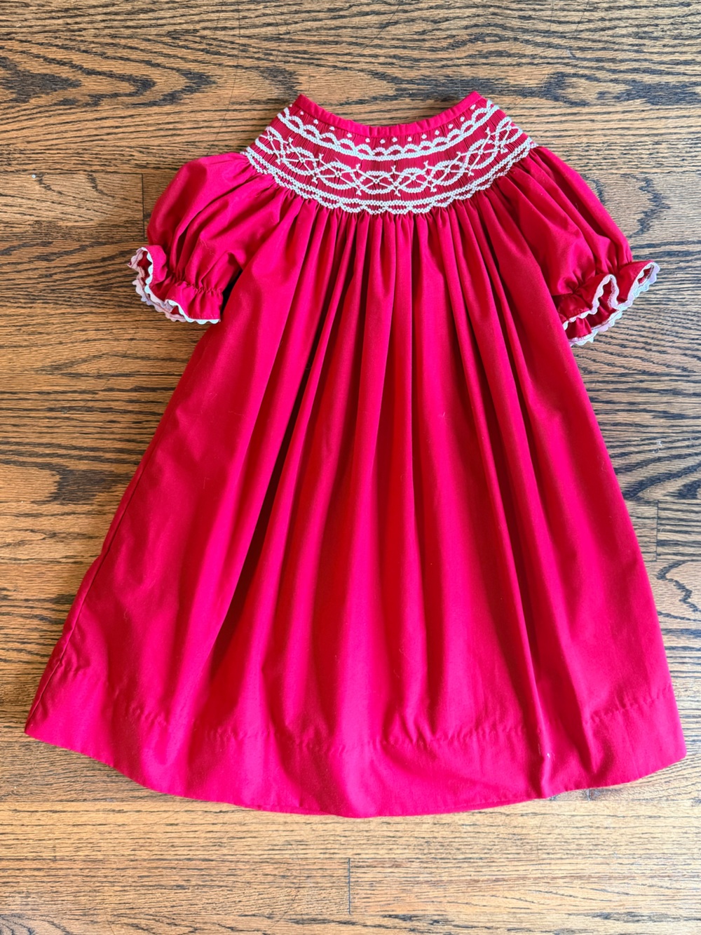 Smock Candy Red Smocked Dress with White Embroidery Detail, Size 2T